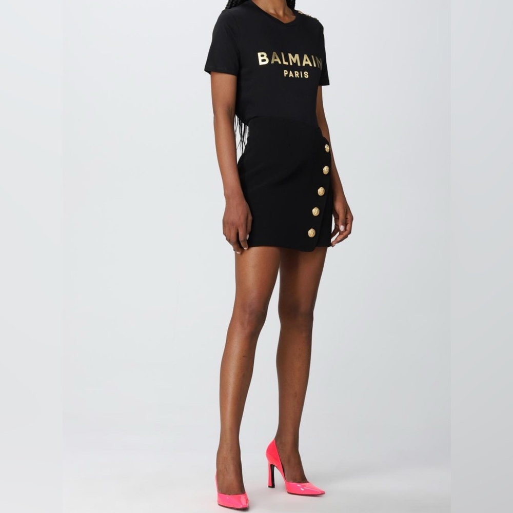 Balmain Women’s Black Tee with Gold Buttons and Logo